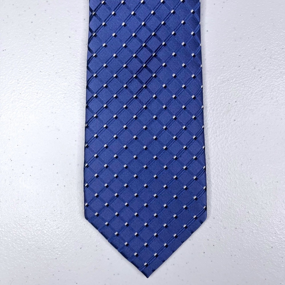 Jones New York Silk Necktie Mens One Size Blue Geometric Grid Professional Tie